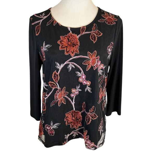 Liz Claiborne Career Black Orange Floral Long Sleeve Crew Neck top Blouse - Picture 7 of 7